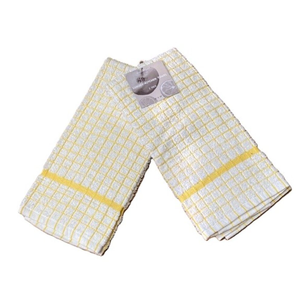 LUXURY Cotton Kitchen Terry Towels White with Yellow Windowpane 18 x 28 Inches